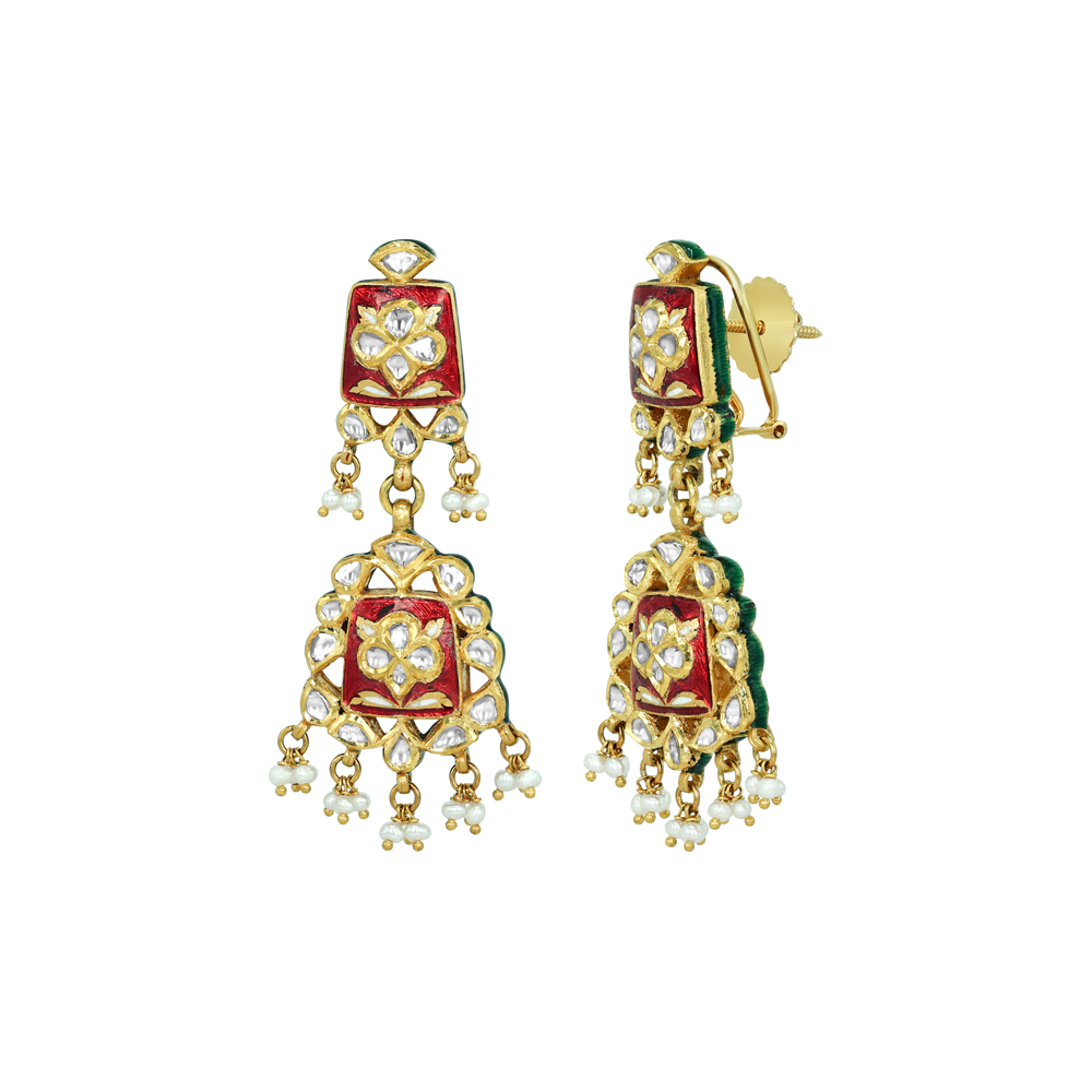 Red Enamel Polki Earrings with Floral Motifs and Cheed Pearls